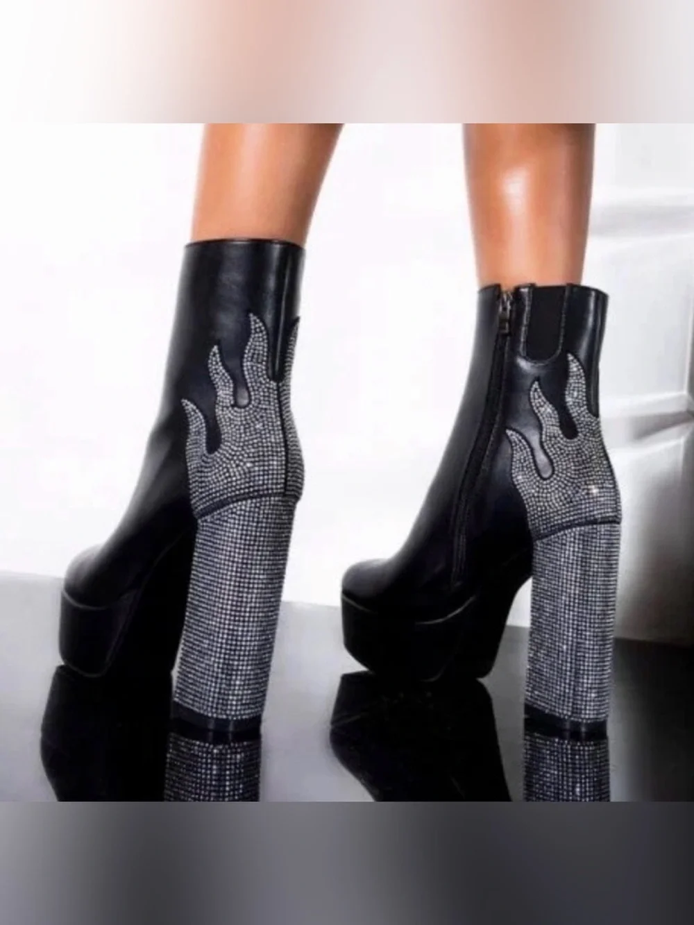 Azalea Wang dolls kill Black Platform Boots Rhinestone Flame Detail 7.5 flashy